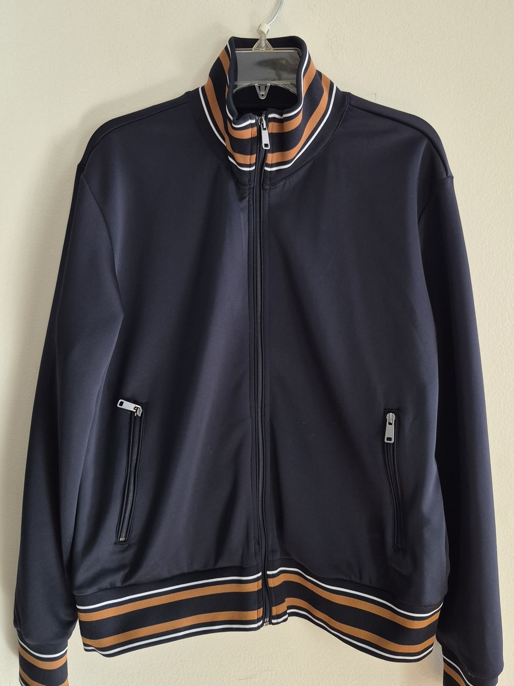 Denim & Flower Navy Jacket with Brown Stripe Trim L